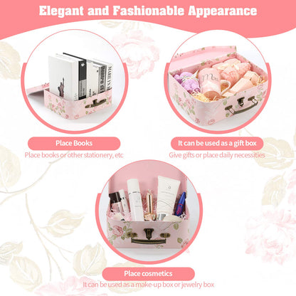 Anndason Set of 3 Paperboard Suitcases Storage Box Storage Gift Boxes With Lids for Photo Storage Home Decoration, Wedding, Birthday, Anniversary and New Year Gift Decoration (3Pcs, Pink Flowers)