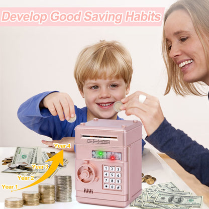 Thedttoy Electronic Piggy Bank Money Safe Password Money Box for Kids Ages 3+, ATM Bank Safe Coin Cash Banks Money Saving Box, Birthday for Boys Girls 3 4 5 6 7 years Old (Rose Gold)