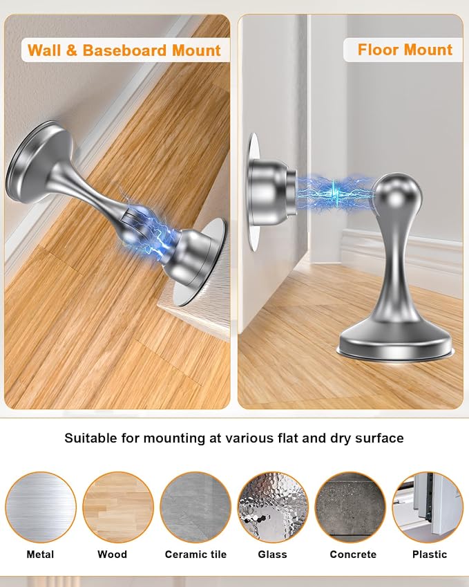 Crosize Magnetic Door Stoppers 8 Pack, Stainless Steel Door Stops for Wall and Floor Mounting, Door Holder Keep Door Open, No Drilling Door Stop with 3D Adhesive Tapes, Silver