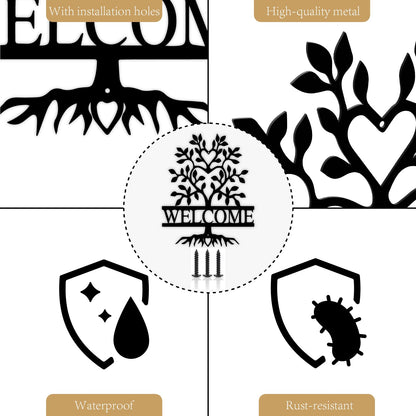 12" x 9.74" Black Metal Welcome Sign for Front Door, Tree of Life Wall Art Decor, New Home Welcome Porch Sign, for Home Living Room Office