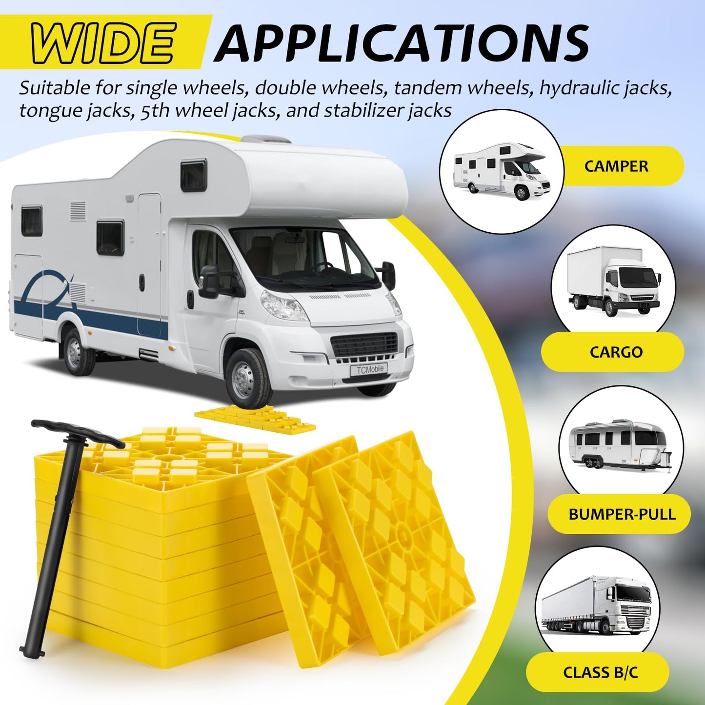 BYERNAUTO RV Leveling Blocks 10 Pack, Heavy Duty Camper Levels Blocks, Interlocking Leveling Blocks with Carrying Bag for Single and Dual Wheels Hydraulic Jacks Tongue Jacks Tandem axles Yellow