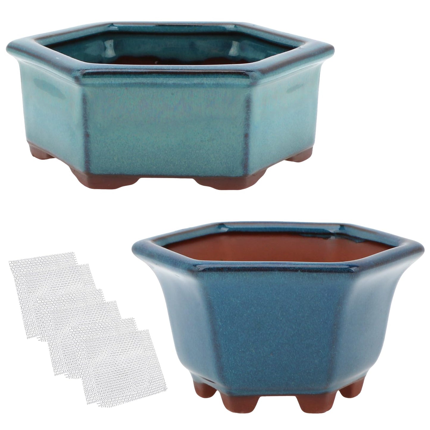 Bonsai Planter 2pc Small Succulent Glazed Pots 4.9" and 6.1" + 6 Soft Mesh Drainage Screens