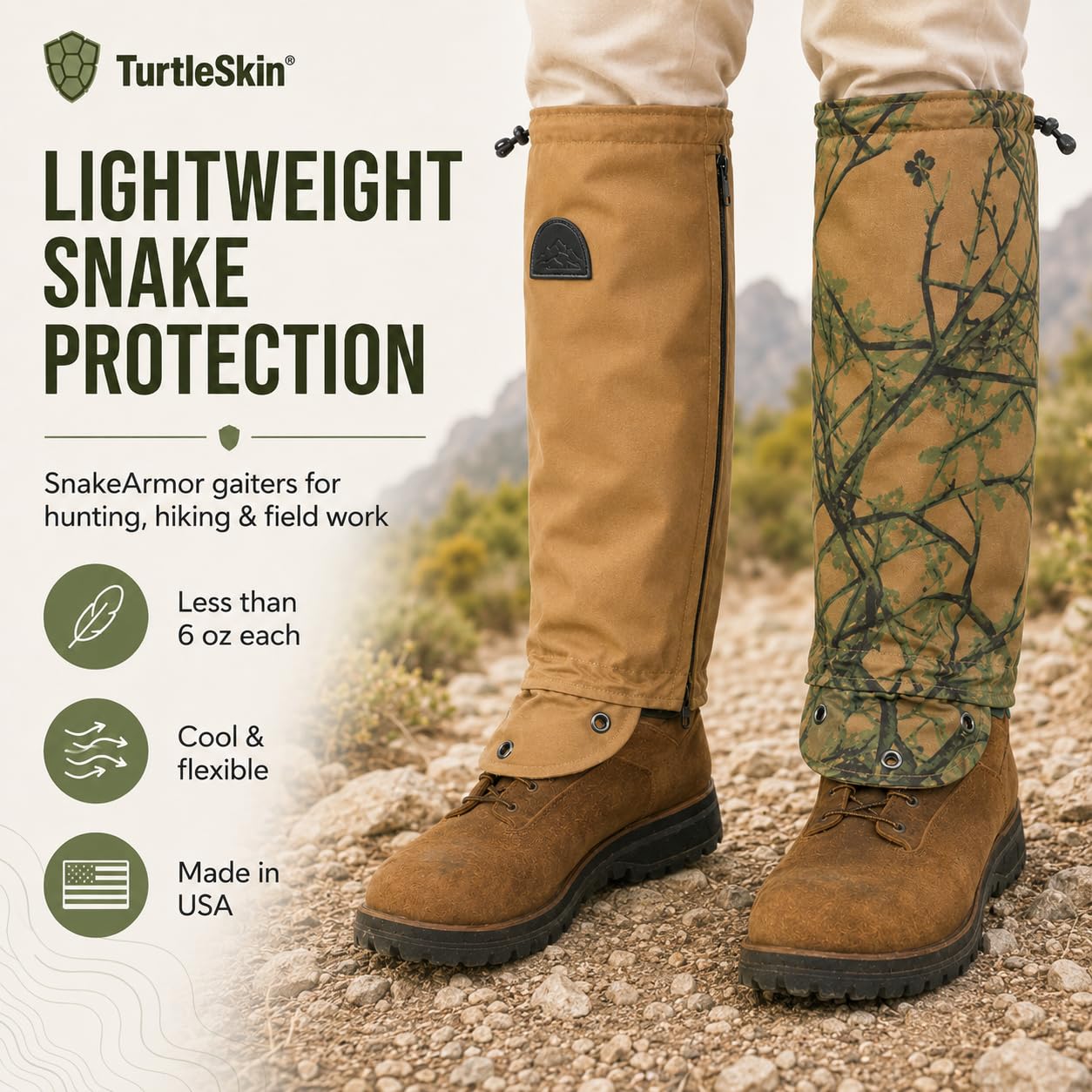 TurtleSkin Snake Gaiters, Lightweight & Waterproof Snake Guards for Men & Women, Durable Reversible Snake Chaps for Hunting,Tactical & Survival Gear – Camo/Khaki