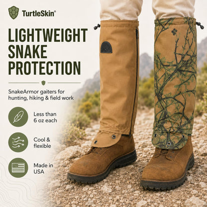 TurtleSkin Snake Gaiters, Lightweight & Waterproof Snake Guards for Men & Women, Durable Reversible Snake Chaps for Hunting,Tactical & Survival Gear – Camo/Khaki