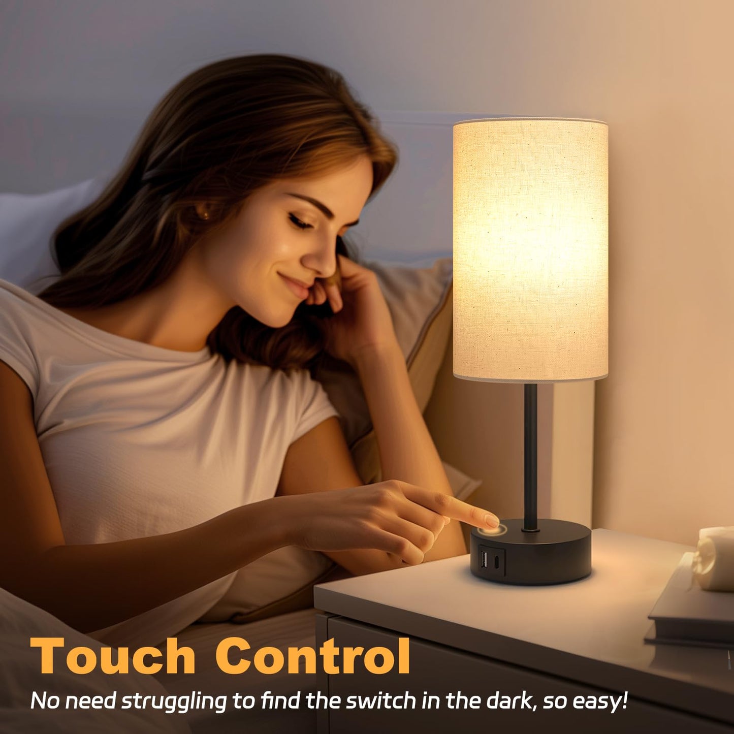 STANBOW Bedside Lamps, Touch Lamp Bedside with USB A+C Charging Ports, 3-Way Dimmable LED, Table Lamp for Living Room Bedroom Gift with Beige Shade-Black Base (LED Bulb Included)