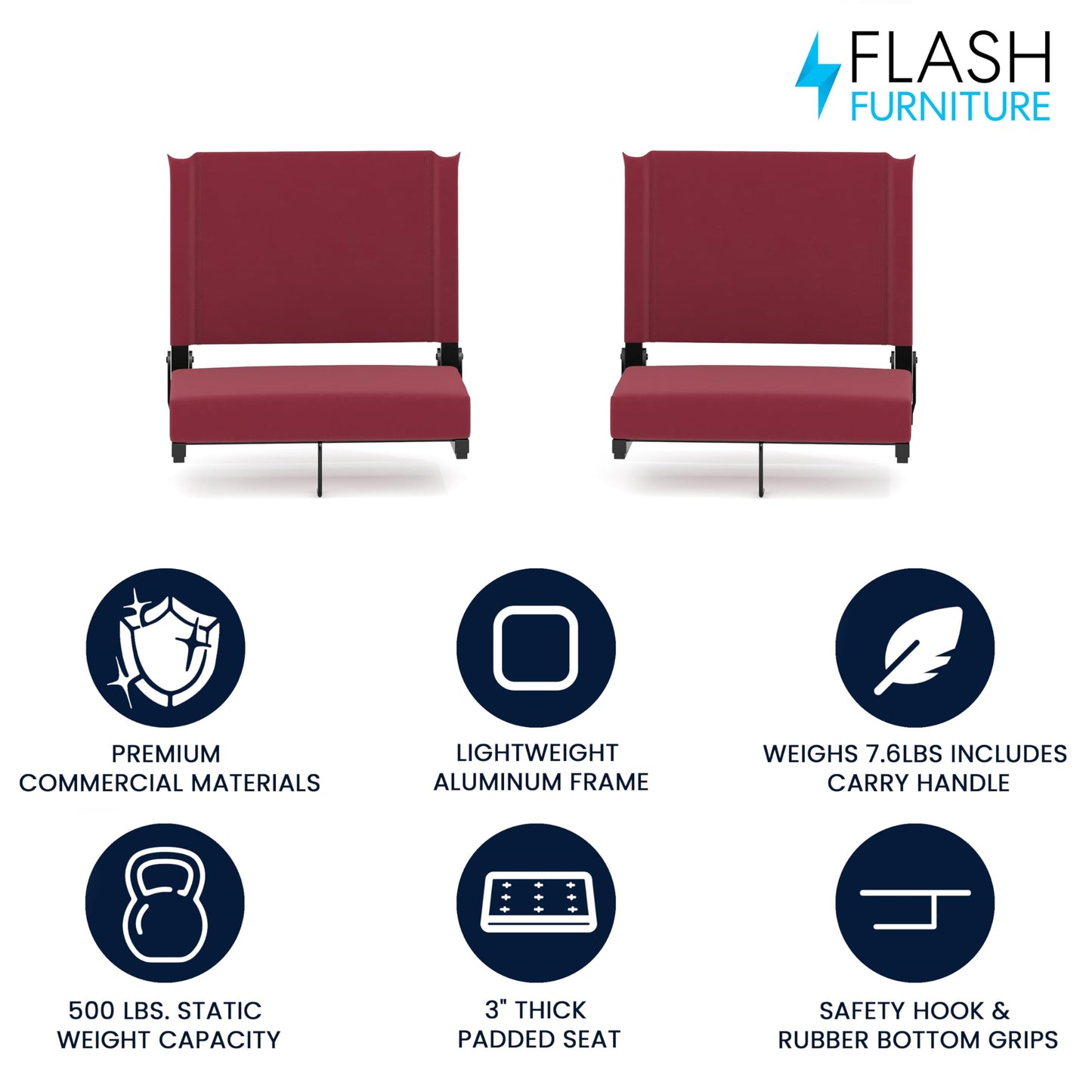 Flash Furniture Grandstand Portable Stadium Seats for Bleachers or Benches, Folding Padded Stadium Chairs with Handle, Pack of 2, 500 lb. Weight Capacity, Maroon