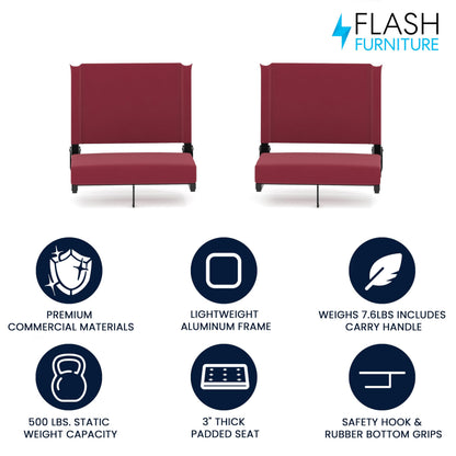 Flash Furniture Grandstand Portable Stadium Seats for Bleachers or Benches, Folding Padded Stadium Chairs with Handle, Pack of 2, 500 lb. Weight Capacity, Maroon