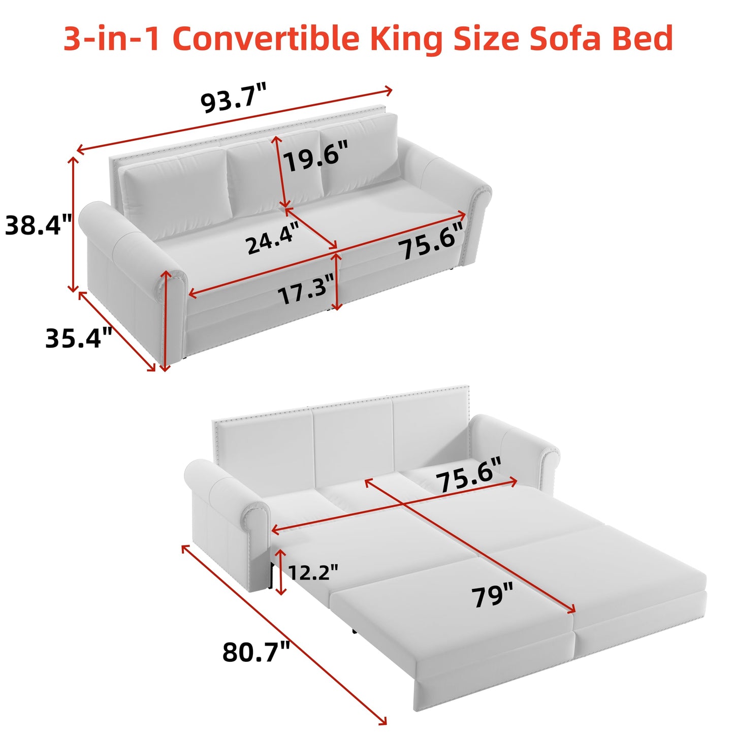 KEIKI 94" Chesterfield 3-in-1 Pull Out Sofa Bed, King Convertible Velvet Sofa with Rolled Arms & Nailhead Trim, 3-Seater Sofa Bed for Living Room, Bedroom or Office, Beige White