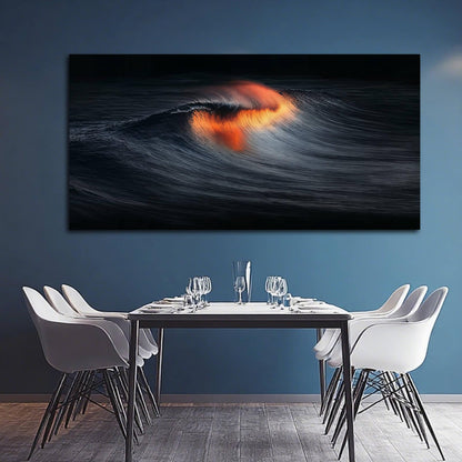 YETHEN WAL Dark Ocean Wave Wall Art Sunset Fire Canvas Prints Abstract Seascape Artwork for Living Room Bedroom Office Decor 24x48 Inch