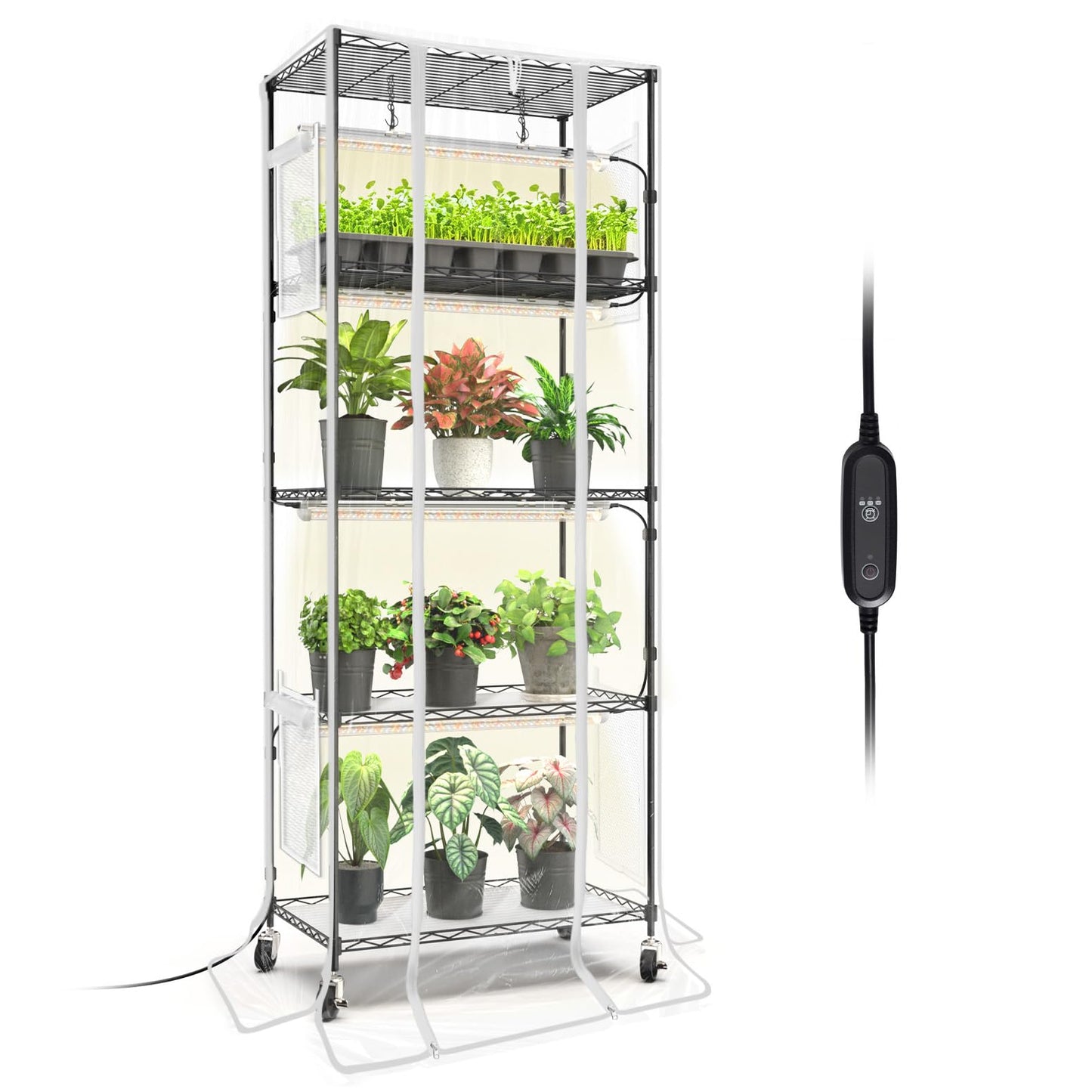 Bstrip Indoor Greenhouse, 5 Tier 23.5"x13.8"x59" Mini Greenhouse with Grow Light, 4 Pack 24W Full Spectrum Plant Lights & Timer, Plant Stand with Grow Light for Indoor Plant, Seed Starting, Seed Tray