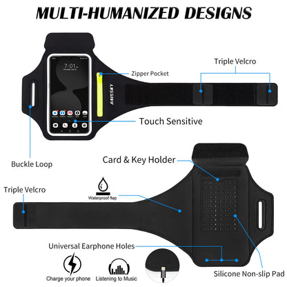 Running Armband with Earphone Bag Cell Phone Armband for iPhone 17 16 15 Pro 14 Plus 13 11 XR, Galaxy S24/S10 Water Resistant Sports Phone Holder Case & Zipper Slot Car Key Holder for 6.7 inch Phone