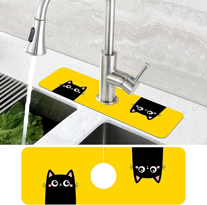Cute Black Cat Head Kitchen Sink Splash Guard Mat Absorbent Fast Drying Mat