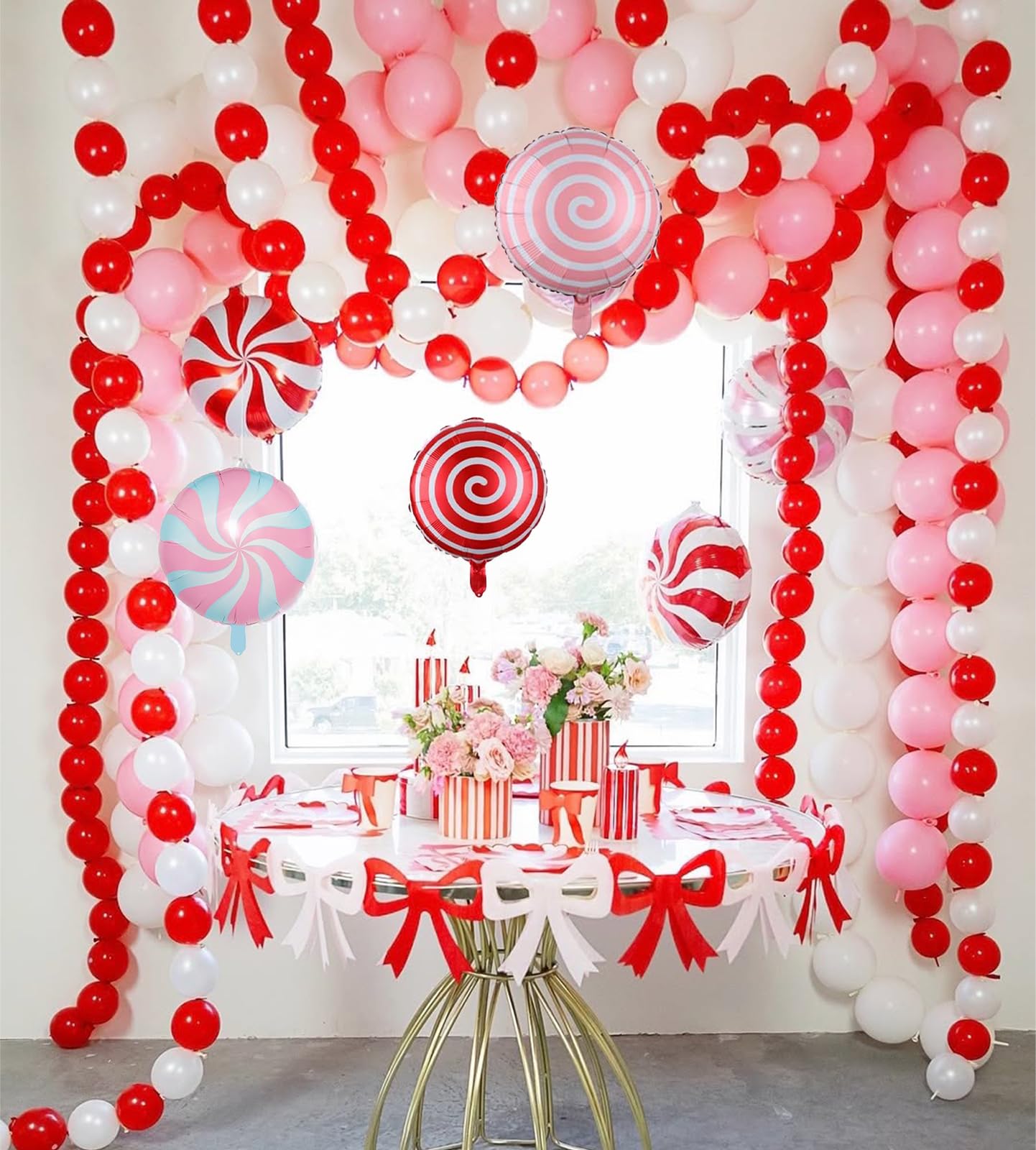 150PCS Christmas Balloon Arch Kit, Pink Red White Silver Balloons Garland with Candy Cane & Lollipop Foil Balloons, Pink Christmas Party Decorations for Xmas Birthday Baby Shower Holiday Decorations