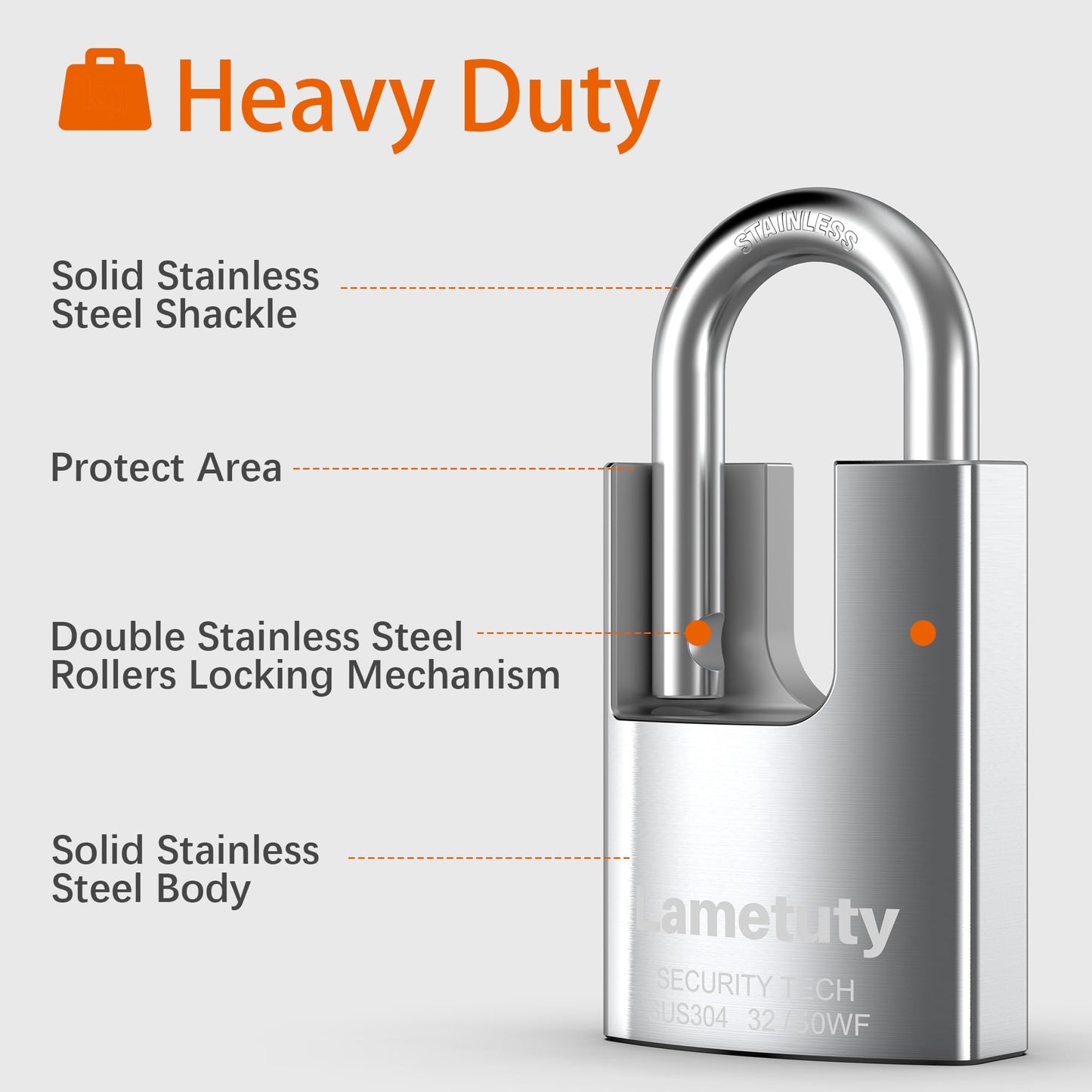 Stainless Steel Heavy Duty Padlock - 50mm Width, Weatherproof, Anti Rust, 3 Keys for Door, Gate, Garden, Garages, Fence, Warehouse, Tool Box
