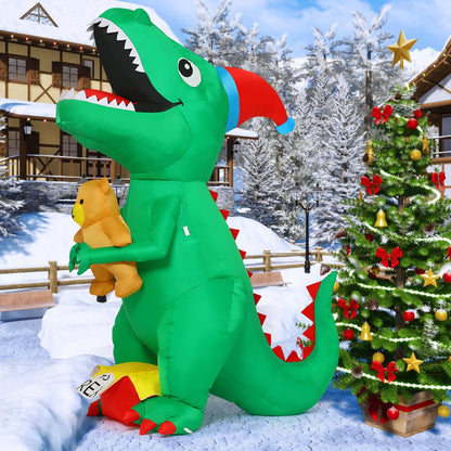GOOSH 6.5 FT Christmas Inflatables Dinosaur Outdoor Decorations Blow Up Yard T Rex with Xmas Hat Holding a Bear with Built-in LEDs for Garden Lawn Indoor Party Décor