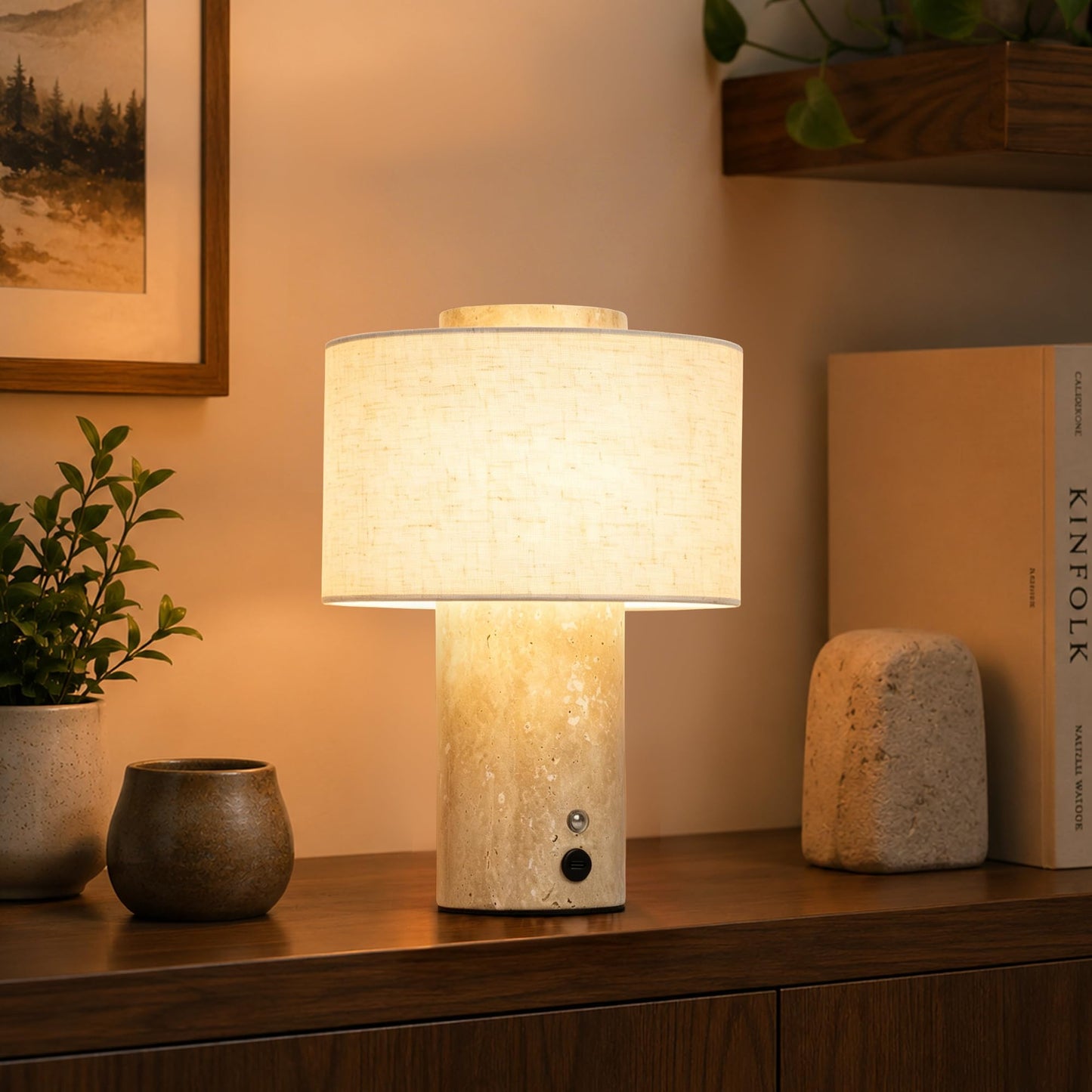 YMXYJM Marble Table Lamp, Rechargeable Cordless Bedside Lamp with Touch Control & Stepless Dimming, Linen Shade Decorative Lamp for Bedroom, Living Room, Nightstand & Bookshelf, Travertine