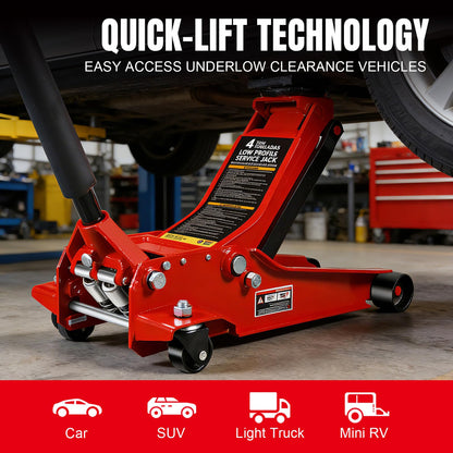 Big RED 4 Ton Low Profile Hydraulic Service Floor Jack, Dual Piston Fast Lift Pump, 8000 lb Heavy Duty Capacity