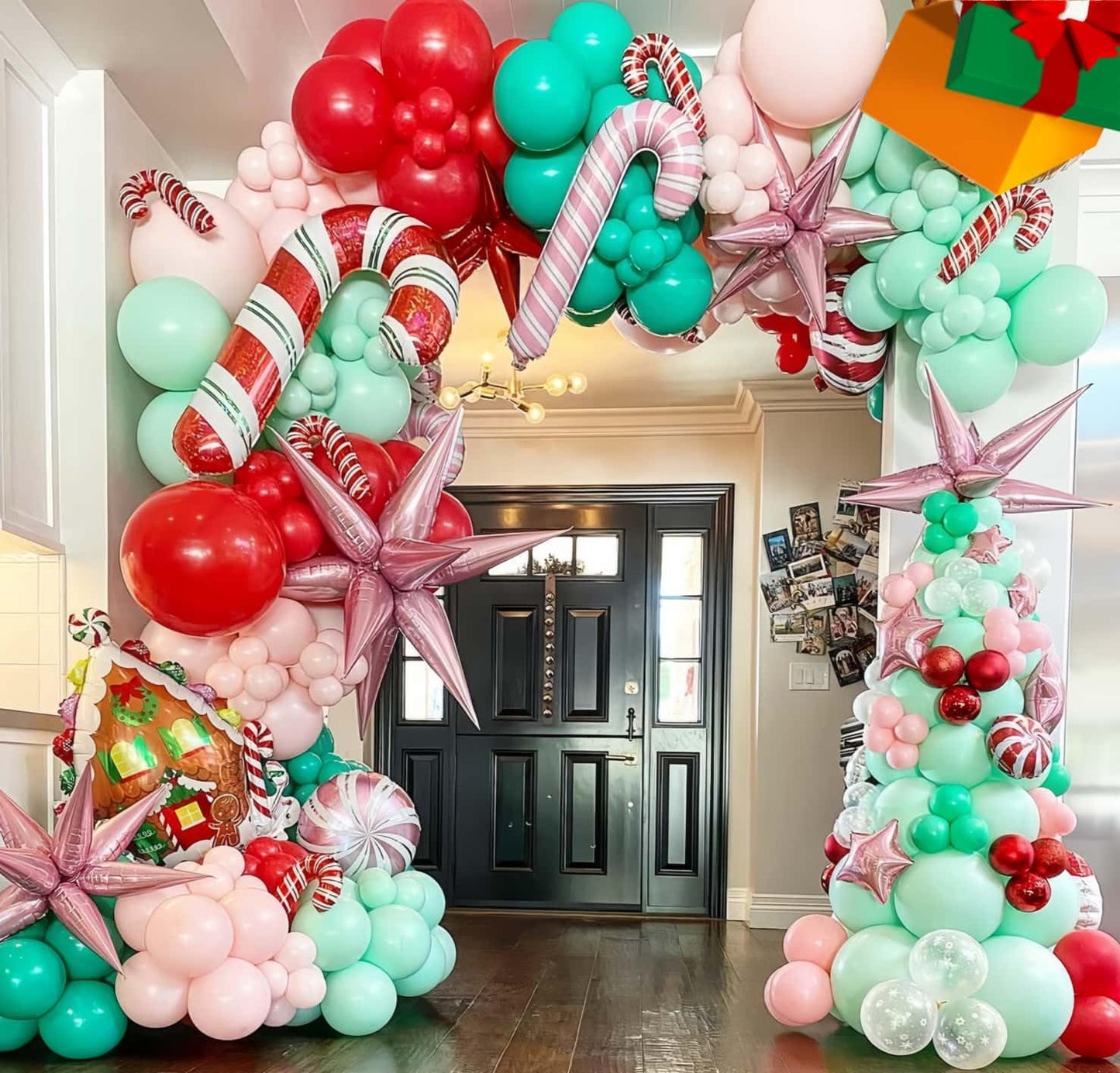 Merry Christmas Balloon Arch Kit Pink Balloon Garland, 112pcs Christmas Decorations Pink Red Green Balloons with Windmill Cane Foil Balloon, Baby Shower Xmas Party Supplies Decor