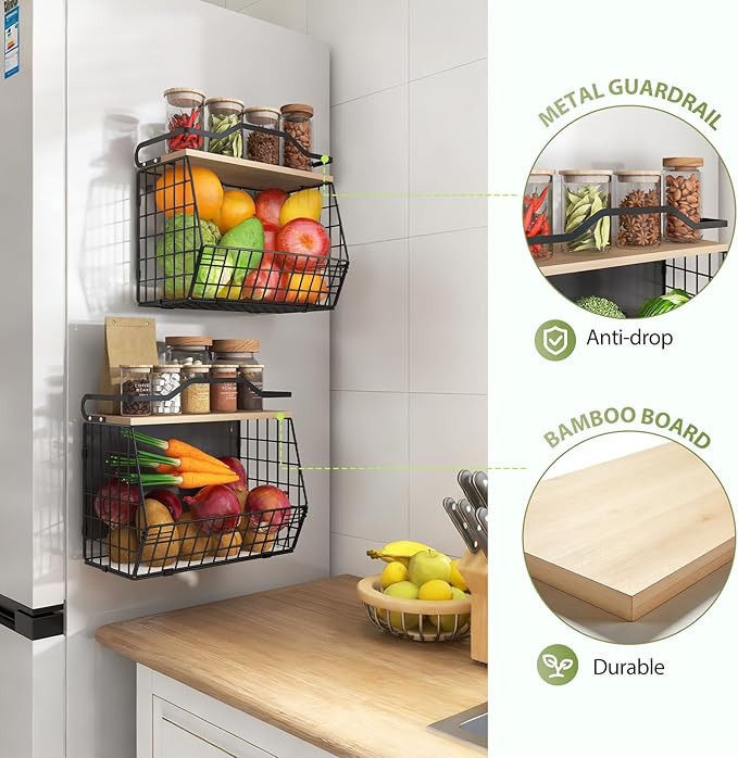 Magnetic Shelf for Fridge with Wood Lid, 2 Tier Fruit Baskets Wall Mounted