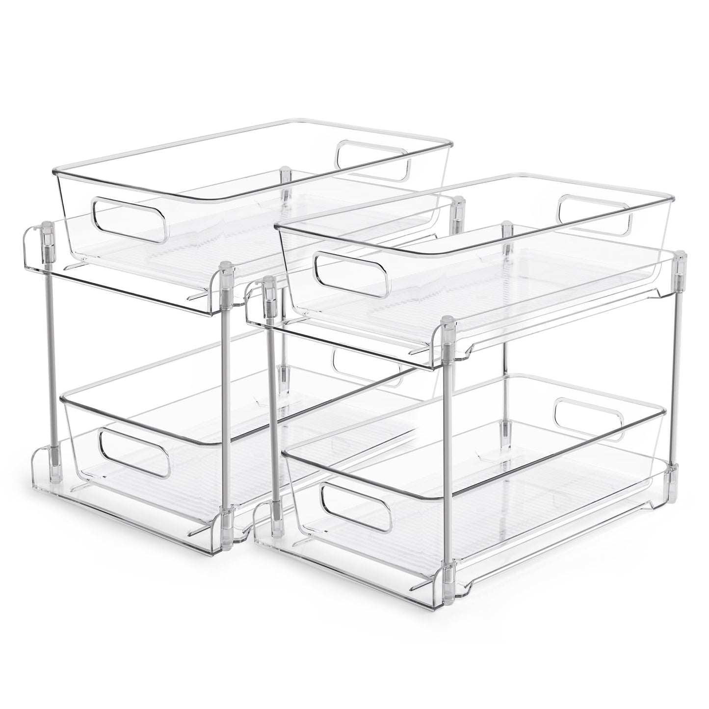 Vtopmart 4 Pack Bathroom Organizer, 2 Tier Clear Under Sink Organizers Vanity Countertop Storage Container,Cabinet Drawers Bins, Pull-Out Organization with Track for Pantry, Kitchen