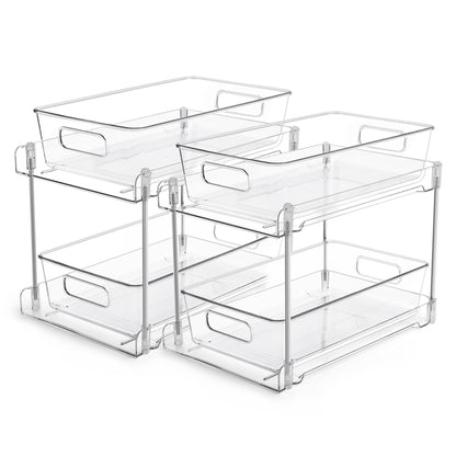 Vtopmart 4 Pack Bathroom Organizer, 2 Tier Clear Under Sink Organizers Vanity Countertop Storage Container,Cabinet Drawers Bins, Pull-Out Organization with Track for Pantry, Kitchen