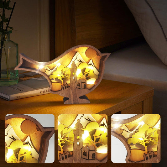 Drawelry 3D Wooden Carving Animals Lamp - Creative Fox Squirrel Wood Carved LED Night Light Garden Yard Wooden Animals Sculpture Ornaments Desktop Home Decor Birthday Gifts for Family Friend (Bird)