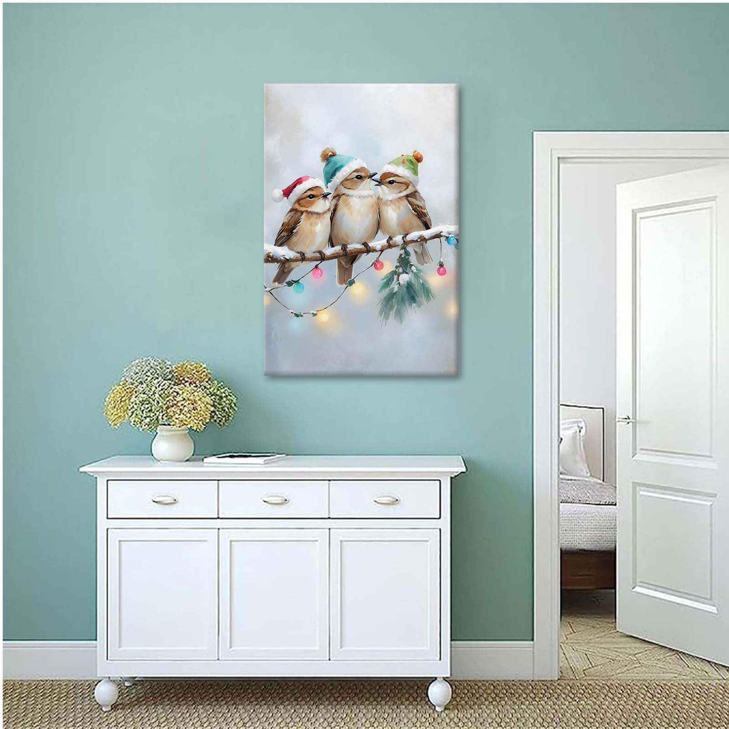 Framed Canvas Wall Art Christmas Birds Winter Art Print Wall Art Holiday Poster Trendy Christmas Decor 8x12in Wood Framed