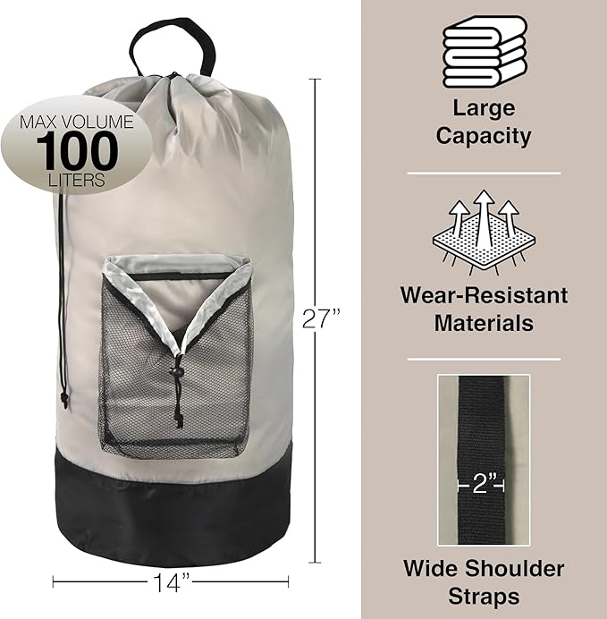 Laundry Bag Backpack with Shoulder Straps and Mesh Pocket Laundry Backpack