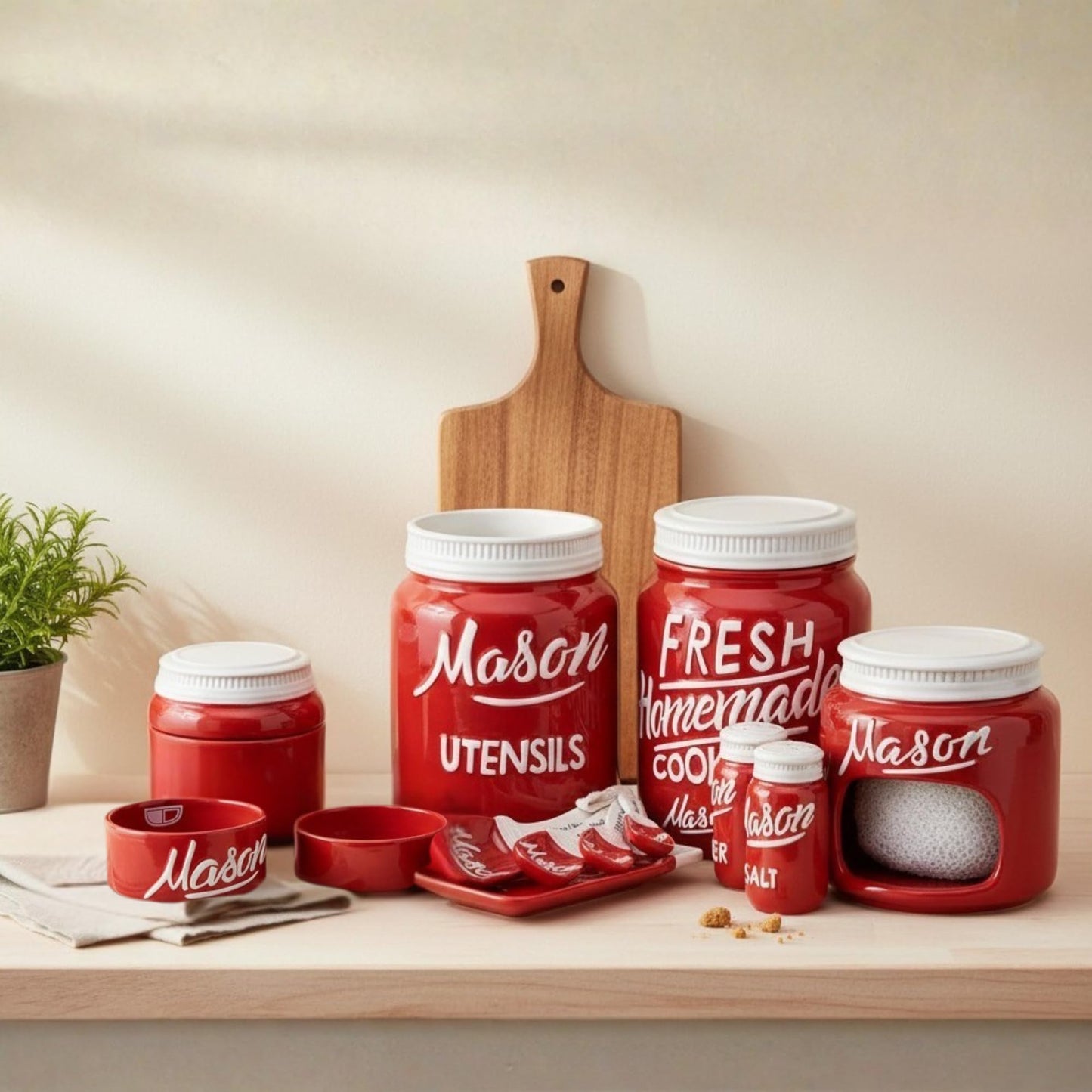 Mason Jar Ceramic Canister Set, Farmhouse Canisters Sets for the Kitchen Decor, Utensil Holder, Spoon Rest, Cookie Jar, Salt & Pepper Shaker, Sponge Holder, Measuring Cups & Spoons (Red, 17-Pc Bundle)