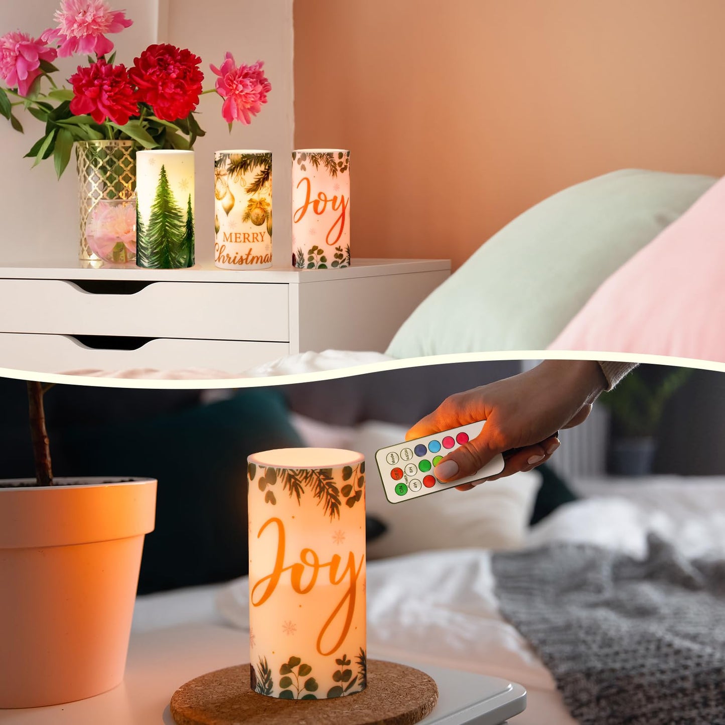 Retisee 3 Pcs Green Christmas Flameless Candles Pine Christmas Battery Operated LED Candles with Remote Green Xmas Decorations Centerpiece for Holiday Bedroom Living Room Xmas Home Decor