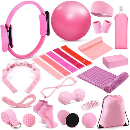 Halloscume 24 Pcs Pilates Kit, Home Pilate Equipment for Women, Pilates Ring and Ball Set with Stretching Strap, Water Bottle, Magic Circle, Yoga Ring, Gym Bag, Resistance Band, Anti Slip Sock(Pink)