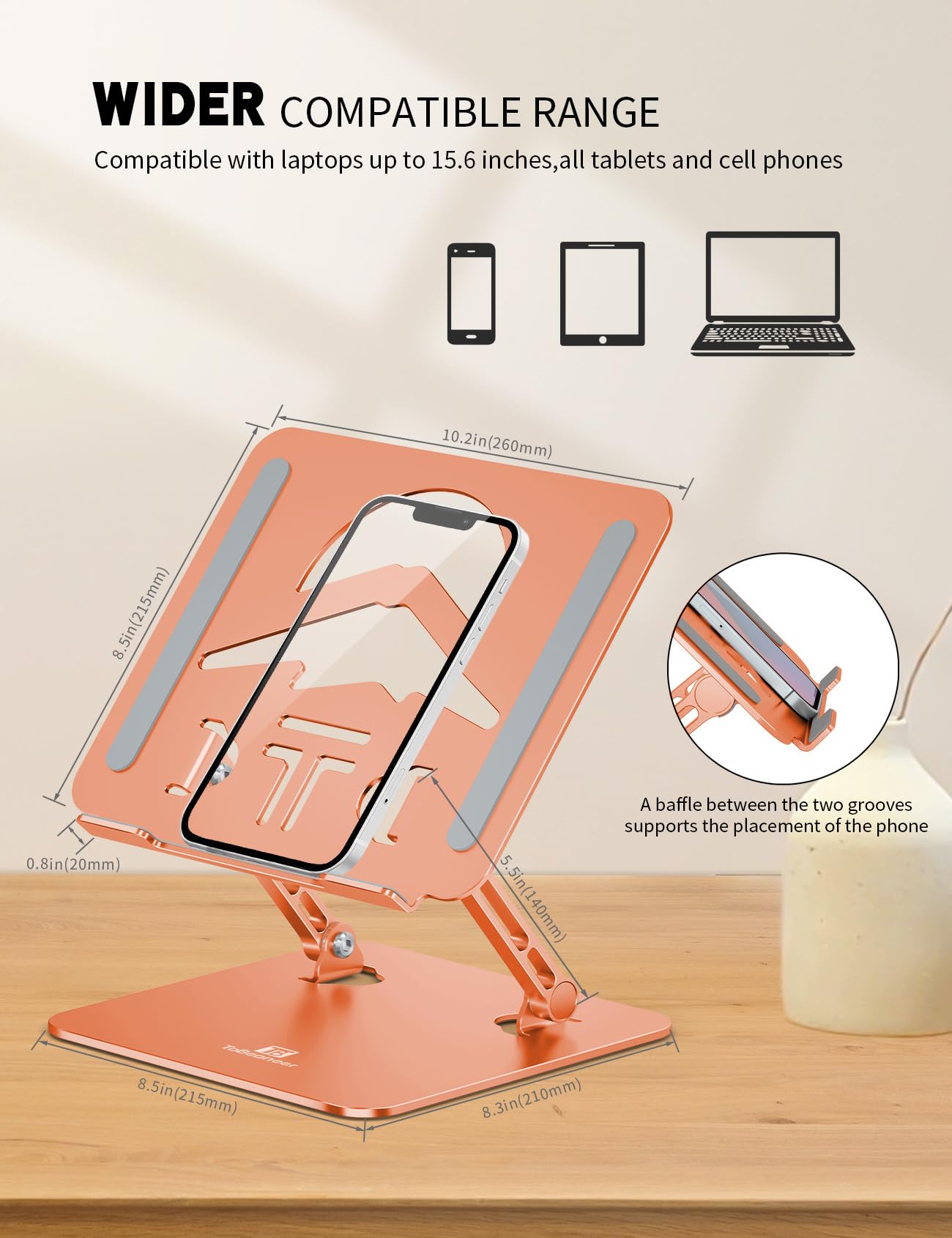 ToBeoneer Laptop Stand, Ergonomic Adjustable Computer Stand for Collaborative Work, Foldable and Portable Heat Sink Computer Stands, Fits up to 15.6-inch Laptops (Orange)