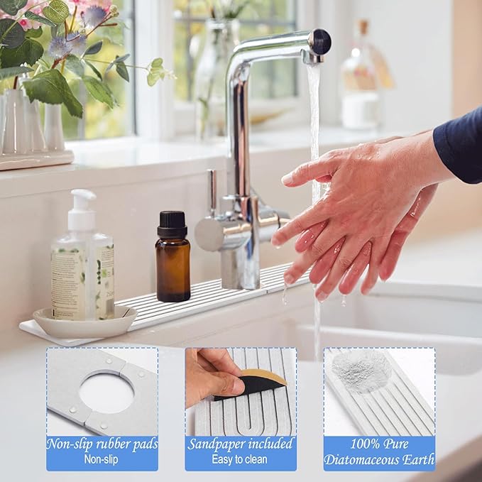 Stone Faucet Mat for Kitchen Sink- 23.6''x 3.9''Diatomite Fast-Drying Faucet Mat