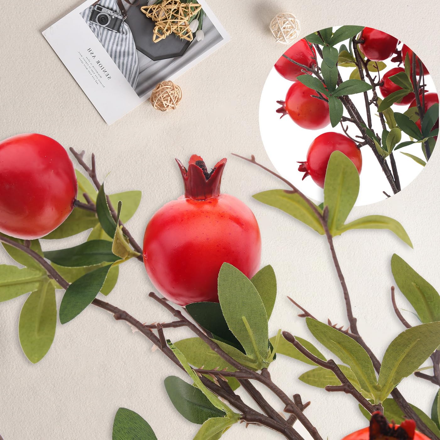 Woration 3PCS Artificial Pomegranate Tree Branches 37.4 inch Fake Vivid Fruit Pomegranate Berries Branches Lifelike Props Vase Home Party Decoration
