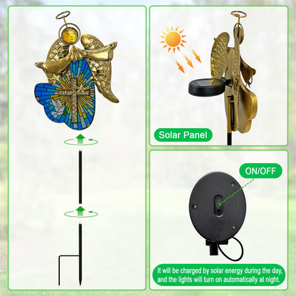 Hokfirm Solar Cross for Cemetery Grave,Metal Angel Garden Stake Pathway Light for Yard Patio Cemetery,Solar Angel Garden Decor Statue for Outside,Memorial Gifts for Women