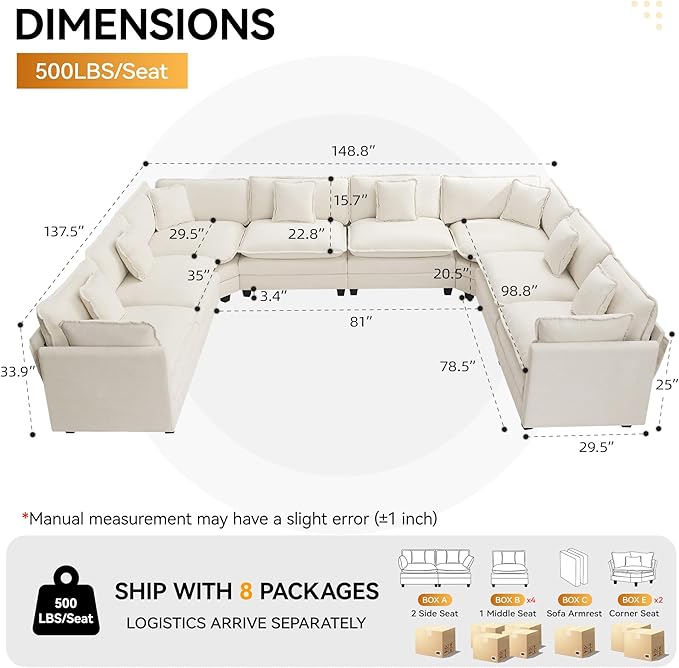147'' Oversized U Shaped Cloud Sectional Sofa, Chenille Deep Seat Couches