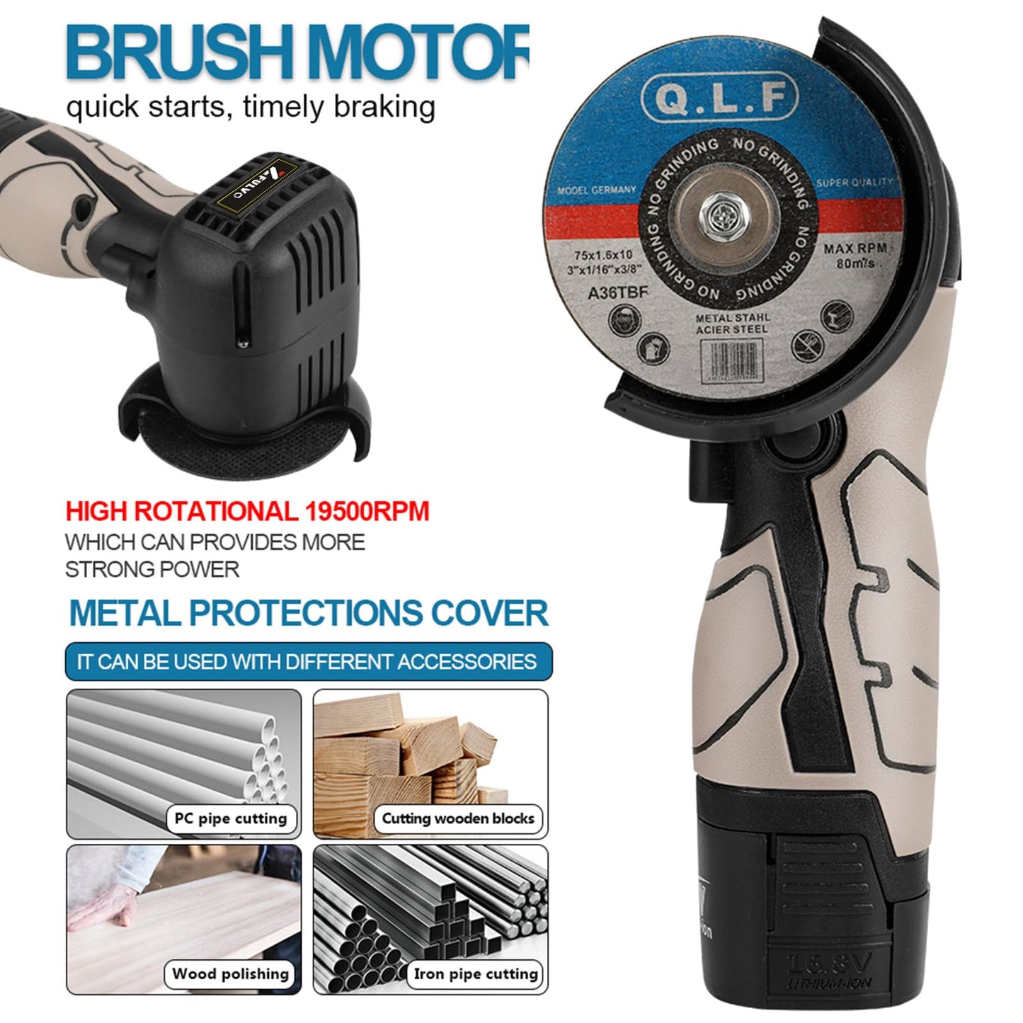 ZFULVO Cordless Brush Angle Grinder Kit, 19500rpm Mini Electric Angle Grinding Tool with 2pcs 16.8V 2000mAh Batteries and 5-Cutting Discs, Grinder Handheld Cutter for Metal Wood