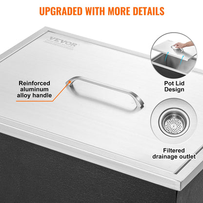 Happybuy Drop in Ice Chest 23''L x 17''W x 12''H with Cover 304 Stainless Steel Drop in Cooler Included Drain-Pipe and Drain Plug Drop in Ice Bin for Cold Wine Beer