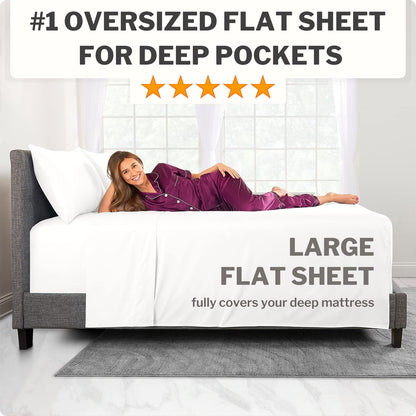 Extra Deep Pocket King Size Sheets – 21” King Sheet Sets Deep Pocket – [4 Piece Set] King Bed Sheets Oversize Flat Sheet, Fitted Sheet, 2 Zippered Pillowcases – 18”–23” Deep Pocket King Sheets – White