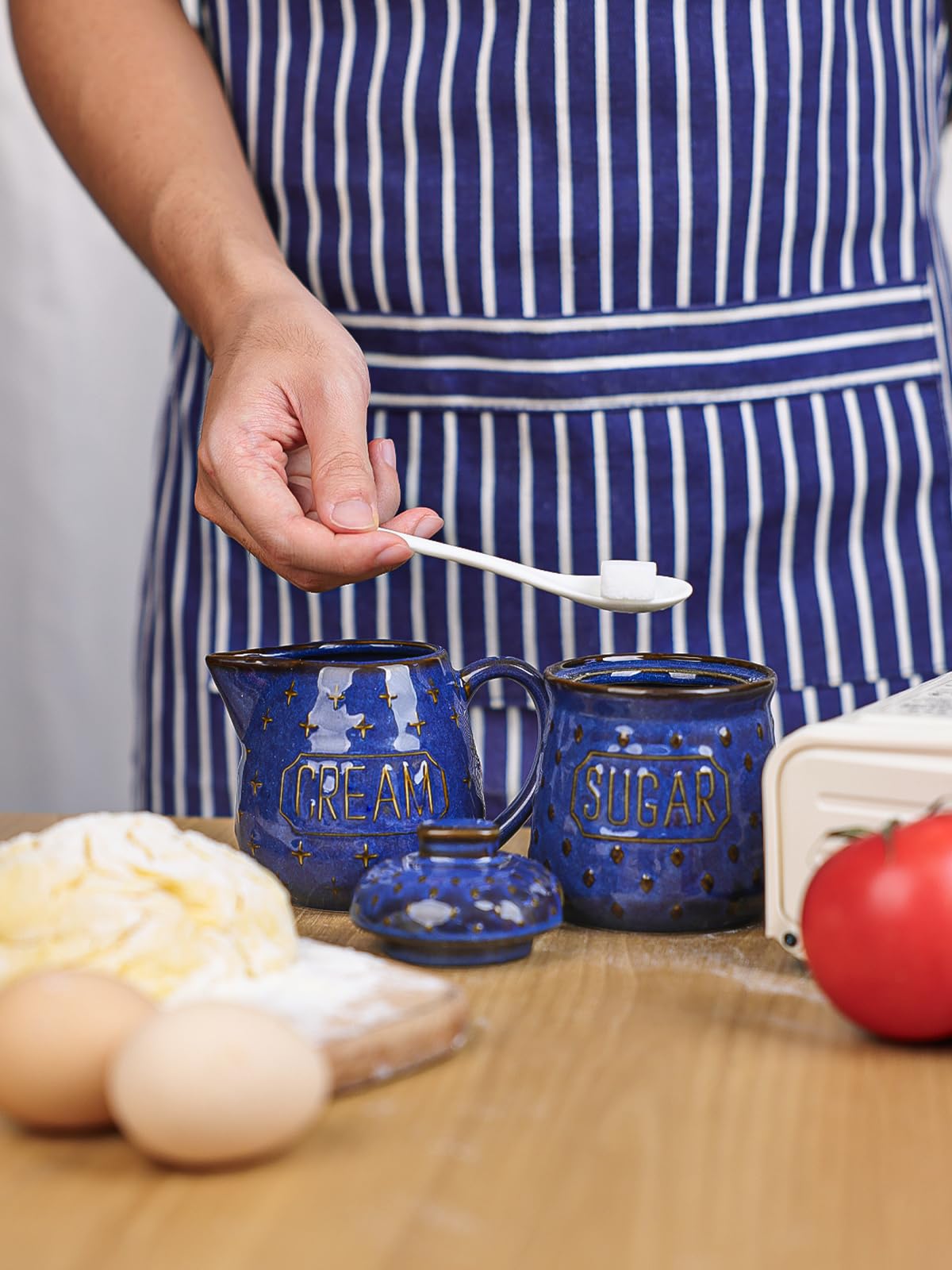 GDCZ Ceramic Sugar and Creamer Set, Coffee Serving Set, Sugar Bowl with Spoon and Cream Pitcher, Milk Creamer and Sugar Container (Blue)
