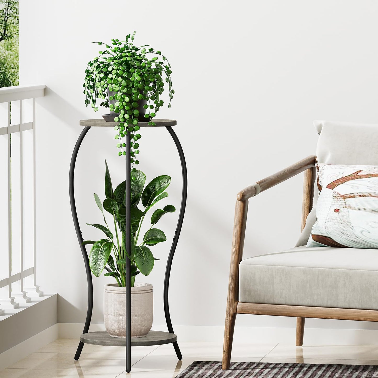 VYUOL Plant Stand Indoor, 2 Tier Round Tall Plant Stand, Flower Pot Stand, Plant Shelf Rack, Corner Plant Stand for Planter Garden Balcony Patio Living Room, Grey