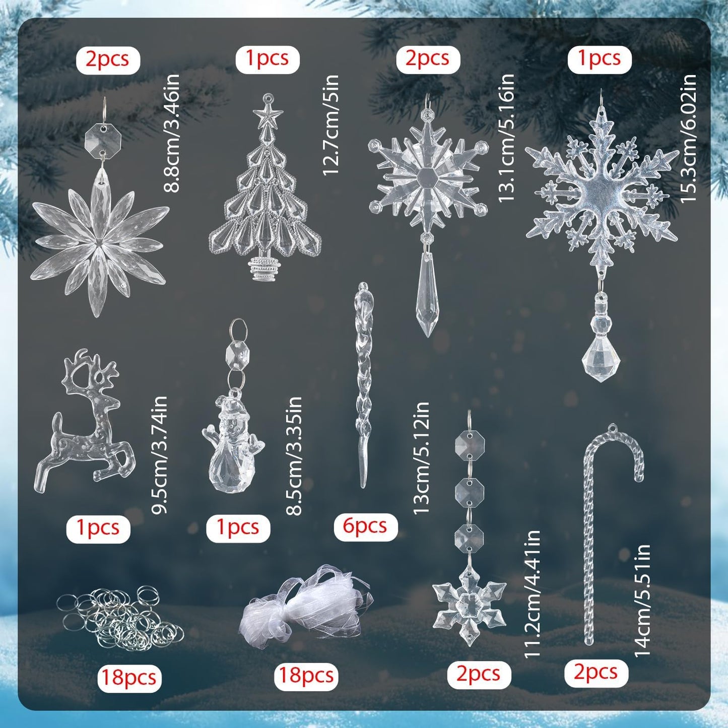 Crystal Christmas Tree Ornaments Snowflakes Decorations, 18Pcs Clear Acrylic Snowflake Hanging Ornaments with Icicle Drop Reindeer for Xmas Tree Winter Holiday Wedding Home Party Decor