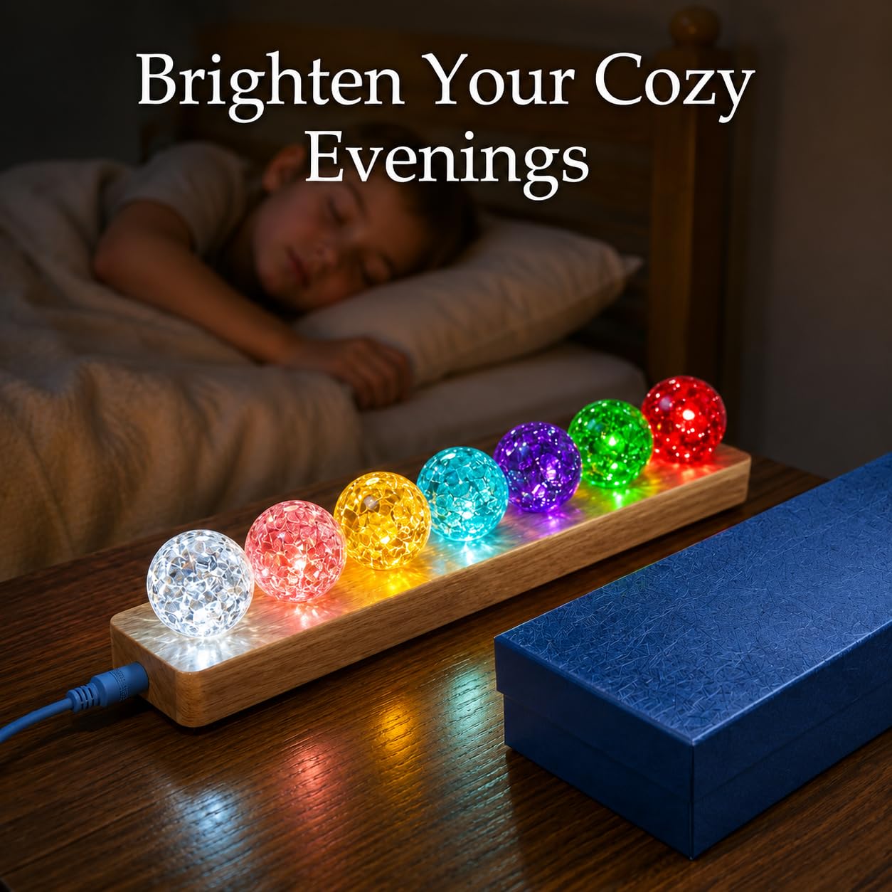 JINWU ClearPeak 7 Colors 40mm Ice Cracked Crystal Balls, Chakra Healing Sphere with LED Wooden Base, Glass Night Light for Home Living Room Meditation, Valentines Day (Set 7-Rainbow)