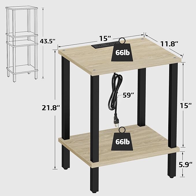 TUTOTAK End Table with Charging Station, Small Side Table with Outlets