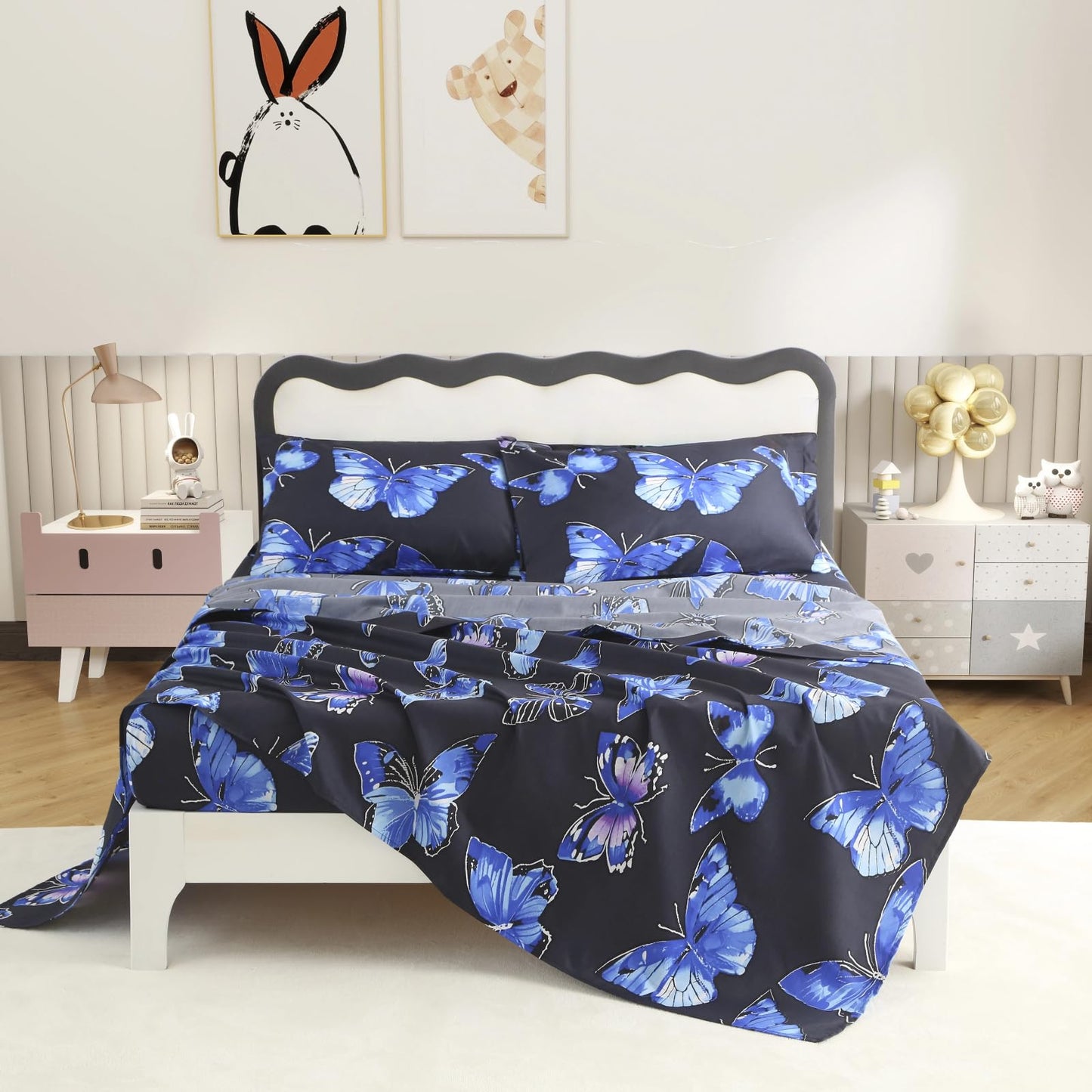 SDY 4 Pieces Butterfly Sheet Sets Queen,Super Kawaii Soft Queen Size Microfiber Bedding Sheet Set for Boys, Girls, Kids and Toddler, Bed in A Bag with 1 Fitted Sheet+ 1 Top Flat Sheet + 2 Pillowcases