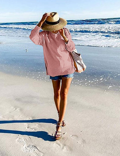 MEROKEETY Women's 2025 Fall Winter Oversized Pullover Sweater Casual Loose Crew Neck Long Sleeve Side Split Jumper Tops