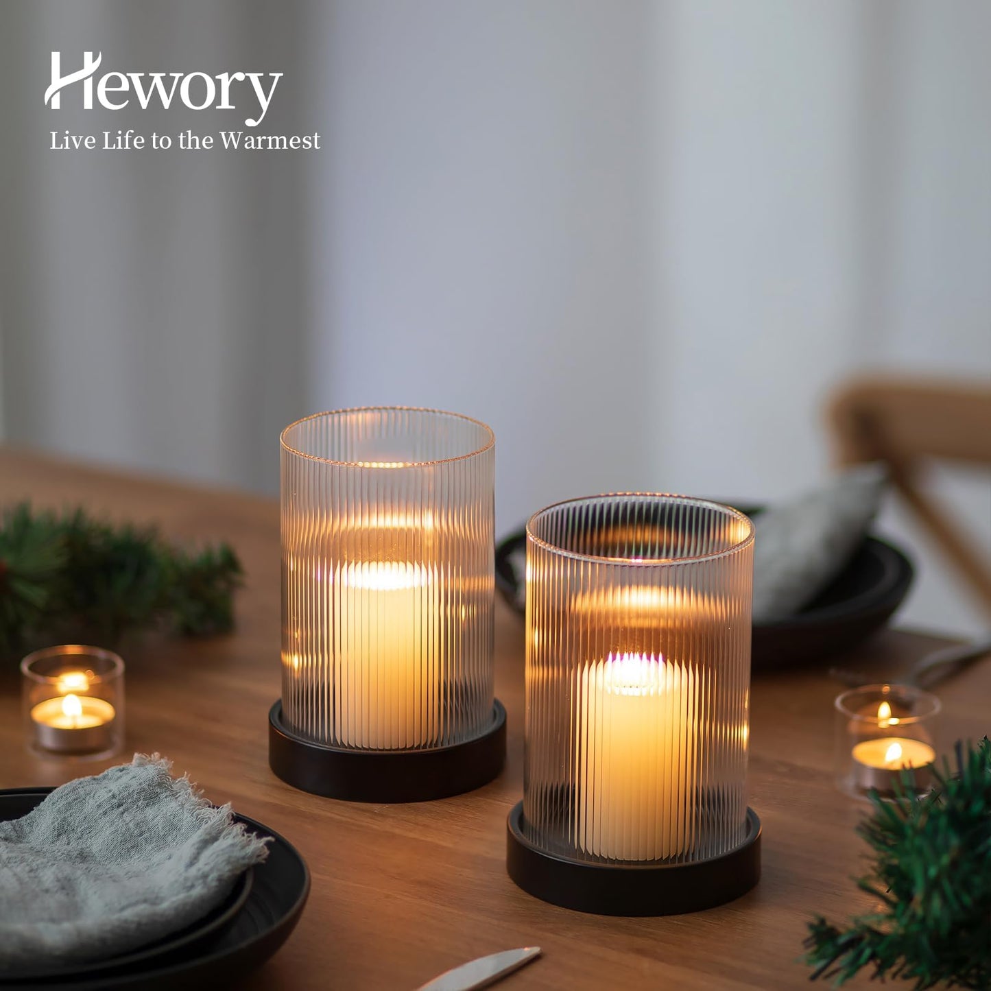 Hewory Ribbed Hurricane Candle Holder: Black Votive Candle Holders Set of 2, Glass Hurricane with Metal Candle Plate, Pillar Candle Holder for Table Centerpiece Christmas Wedding Holiday Home Decor