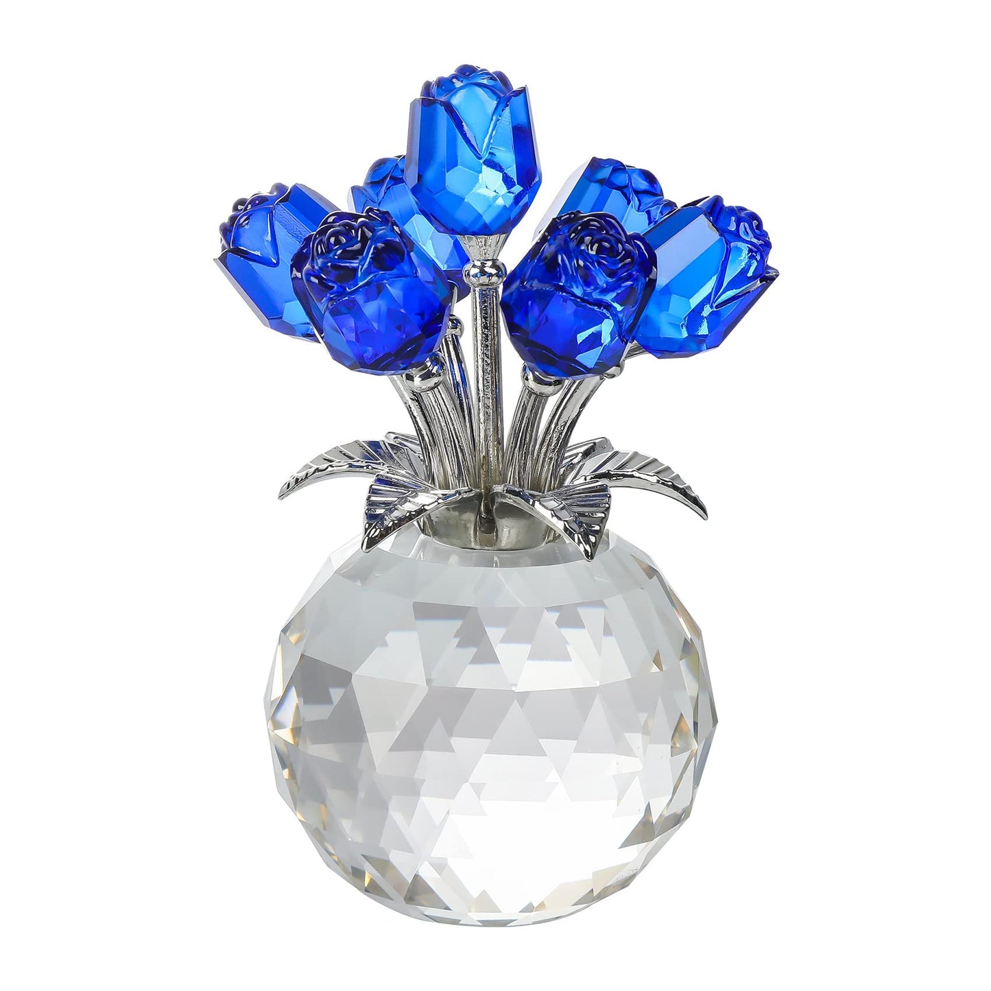 Blue Rose Flower Crystal Figurine with Vase, Bouquet Flowers Ornament Gifts for Wife Girlfriend Women , Handmade Crystal Flower Collectible Home Table Decor for Valentine's Day Wedding Anniversary