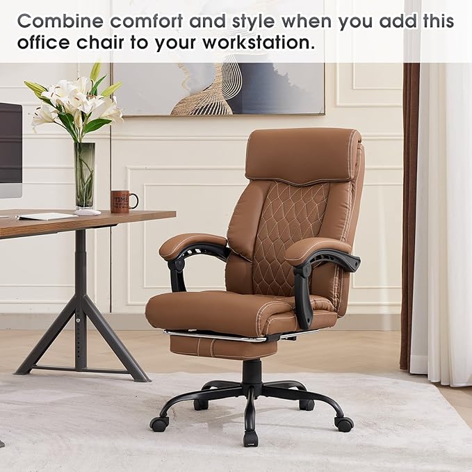High Back Office Chair with Footrest, 155° Reclining Leather Comfy Desk Chair
