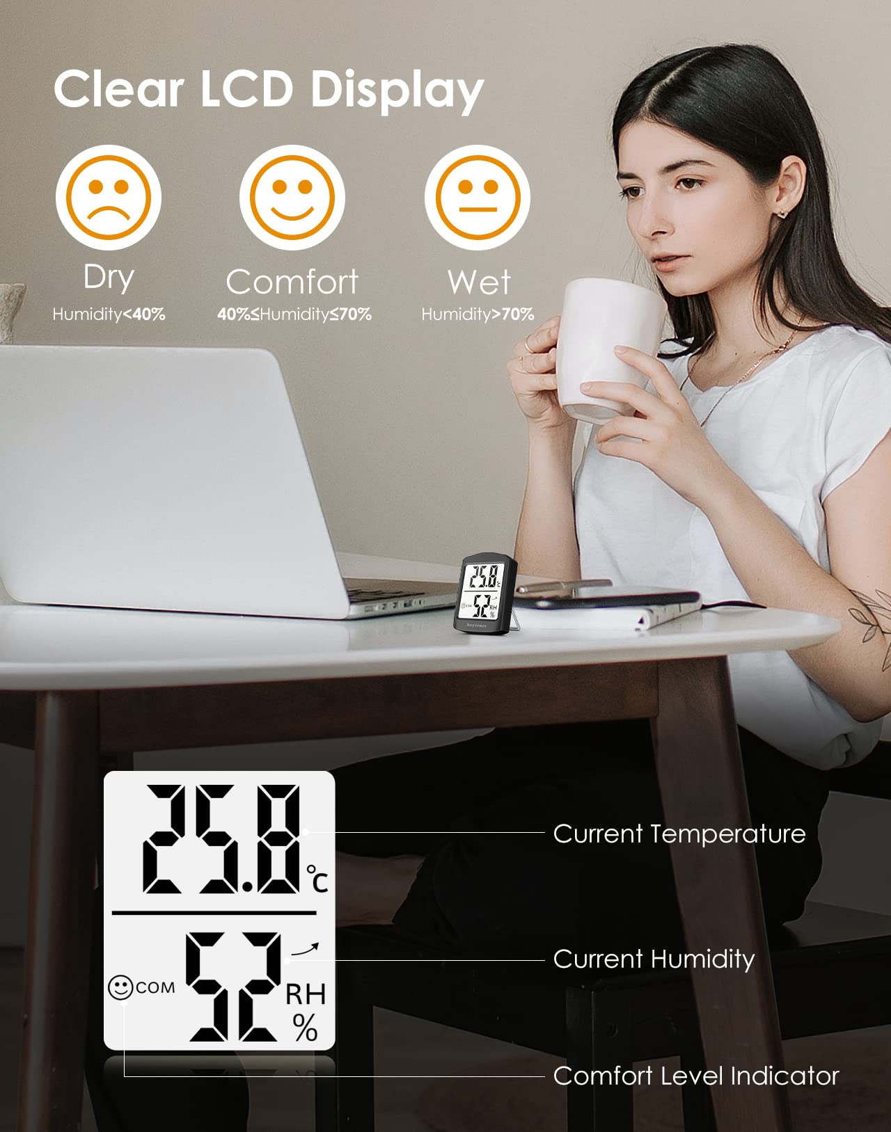 hoyiours Digital Room Thermometer, 3 Pack Room Temperature Monitor and Humidity Meter, Indoor Thermometer Hygrometer, Black
